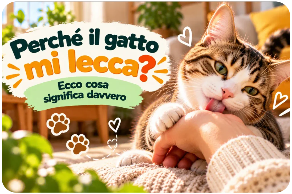 Gatto domestico che lecca delicatamente la mano del proprietario in casa