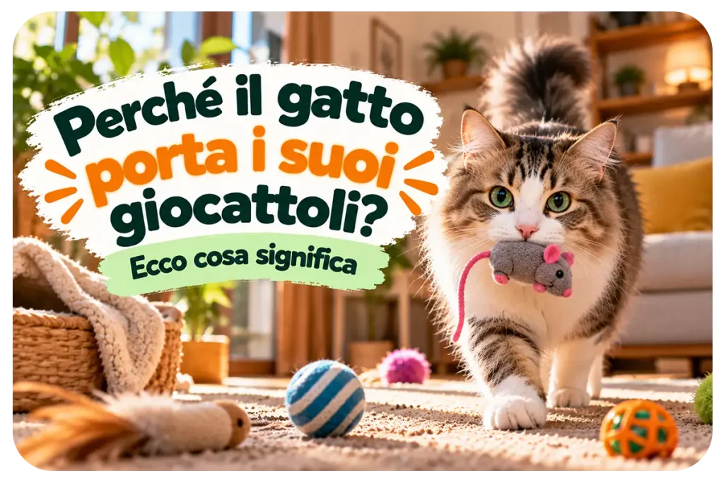 Gatto domestico che porta un giocattolo in bocca davanti al proprietario