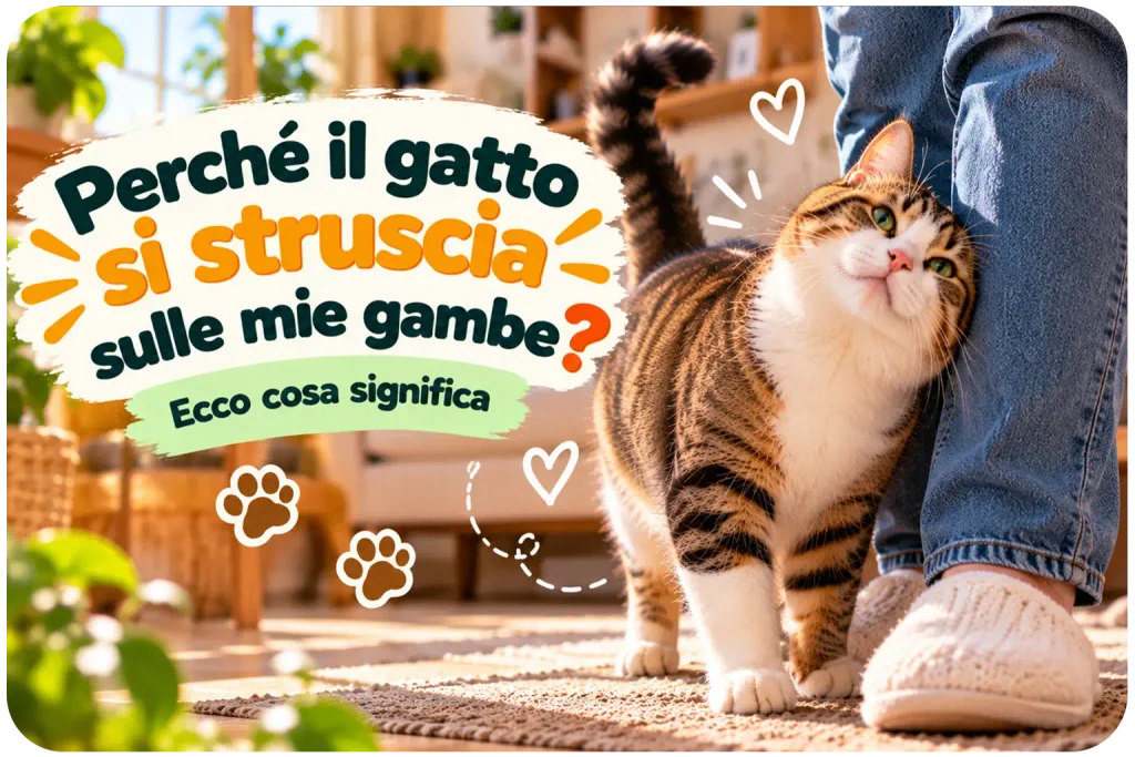 Gatto domestico che si strofina sulle gambe del proprietario in casa